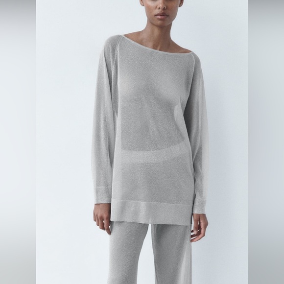 Zara Silver Metallic Thread Knit Sweater S - Picture 7 of 9